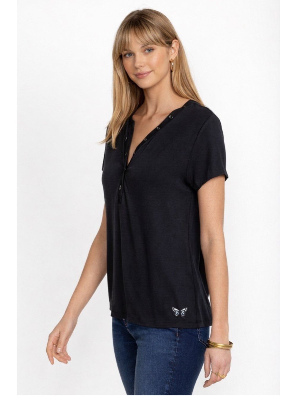 Johnny Was calme Modal Jersey Button Neck Tee PS Black Butterfly NWT